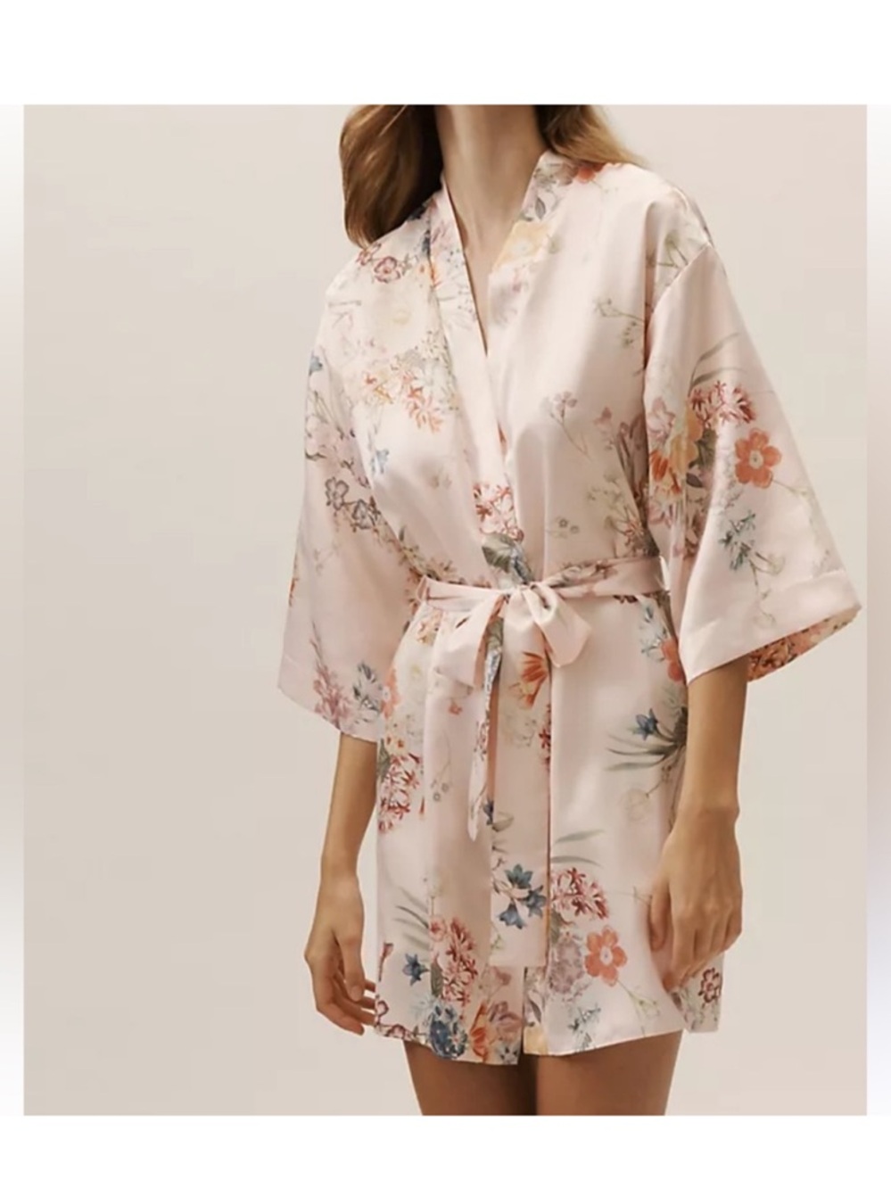 Flora Nikrooz Blush Floral Satiny Tie-Waist Robe Size XS/S